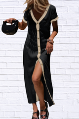 Button-Front Contrast Trim Midi Dress