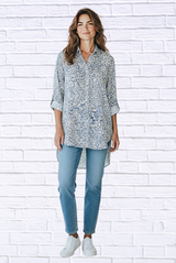 Soft Blue Floral Viscose High-Low Shirt – Button-Up Collared Long Sleeve Tunic Top