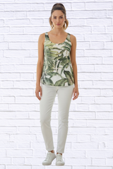 Tropical Leaf Print Sleeveless Woven Top – Lightweight Summer Tank for Women