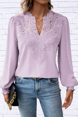 Swiss Dot Lace Detail Long Sleeve Blouse