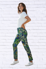 Tropical Toucan Print Slim Ankle Straight Leg Cotton Sateen Pants