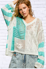 Elli Color-Blocked Stripe Pattern Knit Top with Twisted Weave