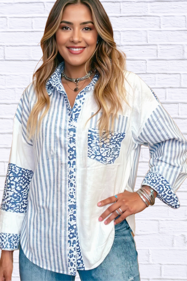 Striped Patchwork Button Down Shirt with Leopard Print Details