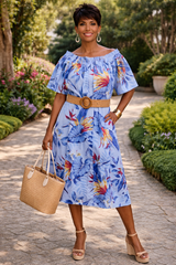 Blue Tropical Off-Shoulder Midi Dress — Effortless Elegance