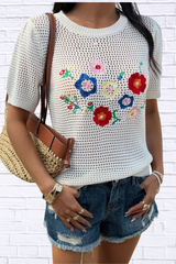 Floral Embroidered Crochet Knit Top