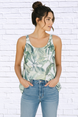 Tropical Leaf Print Sleeveless Woven Top – Lightweight Summer Tank for Women