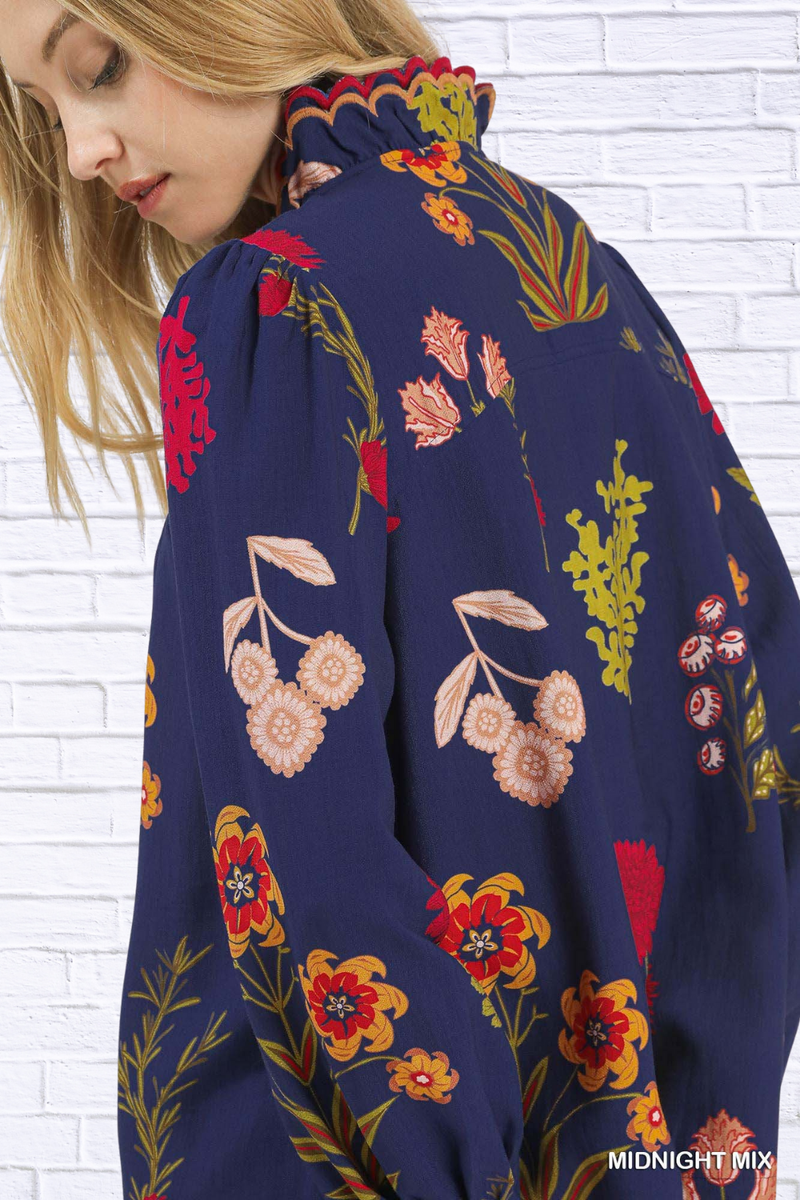 Umgee Flower Print Blouse with Scalloped Neckline