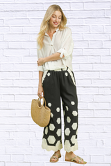 Umgee Hexagon Print Wide Leg Pants with Scalloped Hem