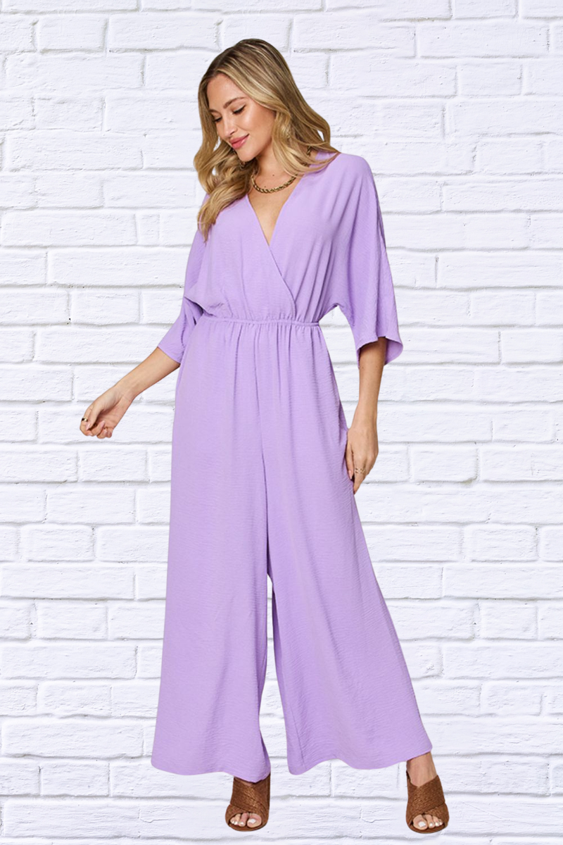 Double Take Full Size Surplice Wide Leg Jumpsuit with Pockets