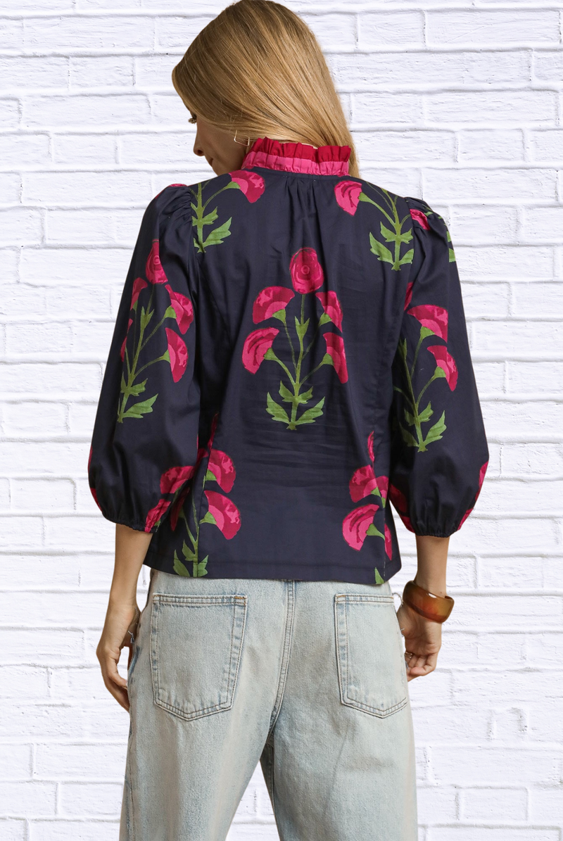 🌸 Floral Print Ruffle Trim Puff Sleeve Blouse