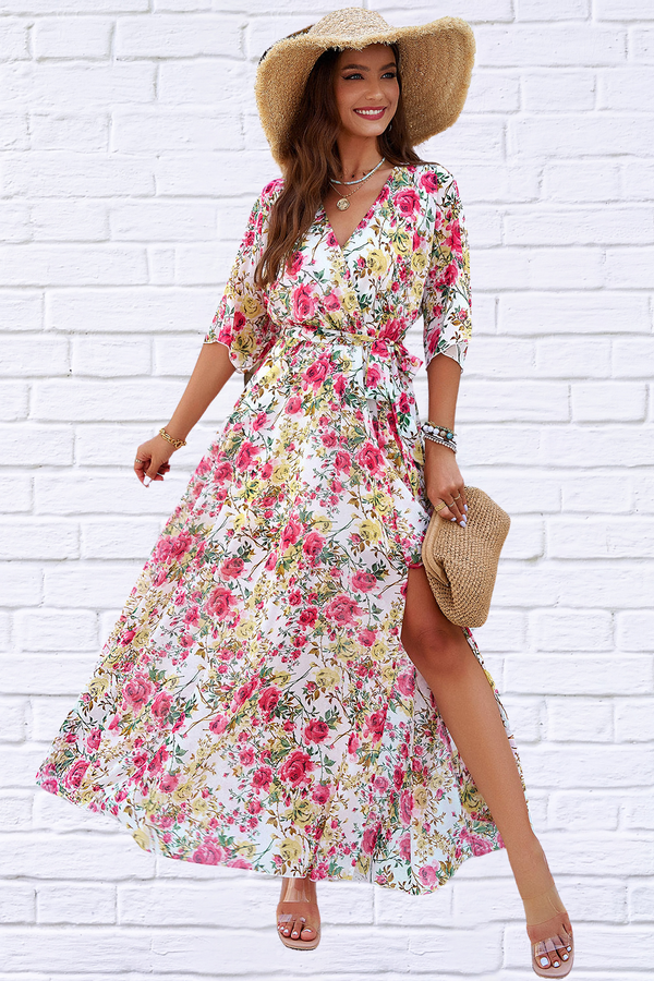 Printed Tied Half Sleeve Slit Dress