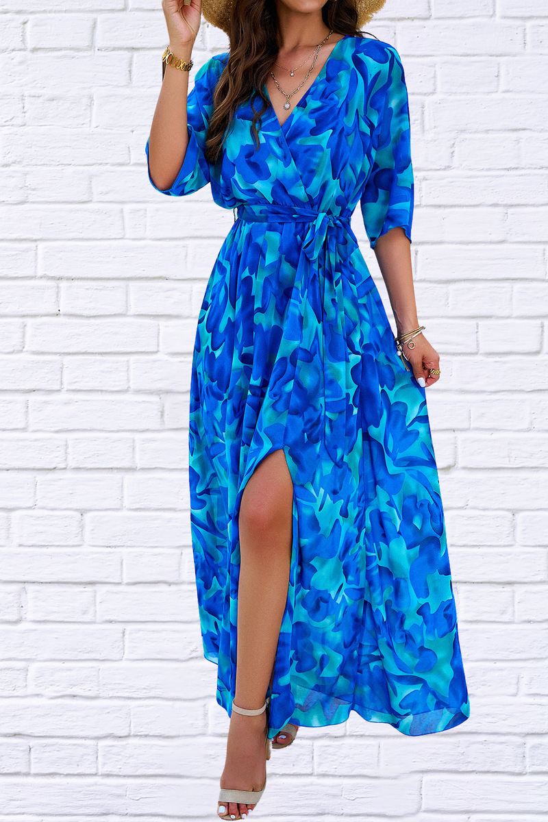 Printed Tied Half Sleeve Slit Dress