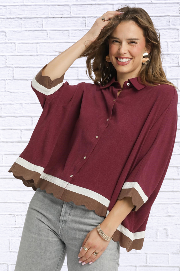 Burgundy Colorblock Button-Down Shirt with Scallop Hem