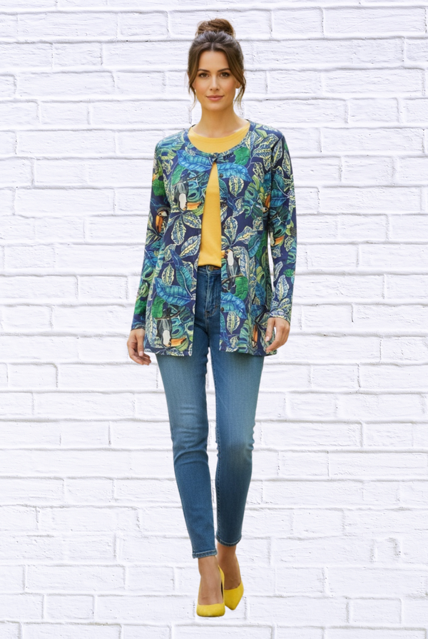 Tropical Print Button-Through Knit Cardi Top – Round Neck Lightweight Layering Piece