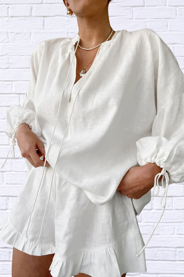Playful & Polished – Tie Neck Balloon Sleeve Blouse and Shorts Set