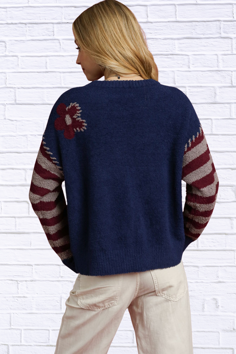 Flower Jacquard Striped Long Sleeve Sweater