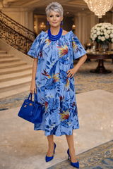 Blue Tropical Off-Shoulder Midi Dress — Effortless Elegance
