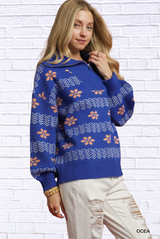 Umgee Floral Patterned Jacquard Quarter-Zip Pullover Sweater