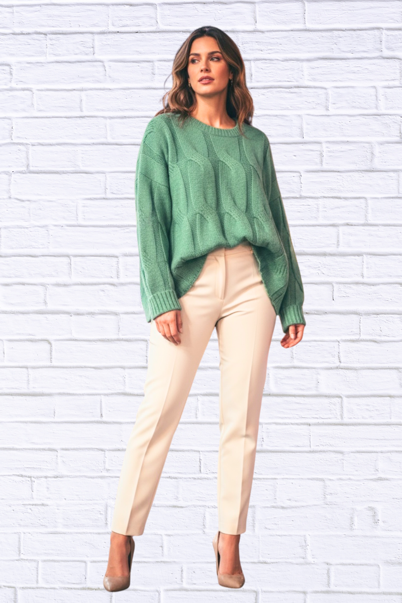 Round Neck Cable Knit Sweater – Women’s Cozy Textured Knit Pullover for Effortless Everyday Style