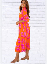 Floral Pink and Orange Frilly Smocked V-Neck Maxi Dress