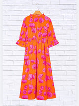 Floral Pink and Orange Frilly Smocked V-Neck Maxi Dress