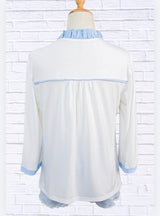 Stripe Patchwork Frilled V-Neck 3/4 Sleeve Blouse