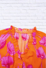 Floral Pink and Orange Frilly Smocked V-Neck Maxi Dress