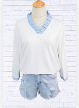 Stripe Patchwork Frilled V-Neck 3/4 Sleeve Blouse