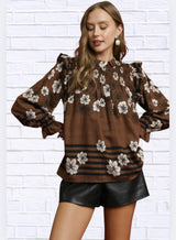 Umgee Full Size Mix Floral Smocked Ruffle Blouse Plus Size