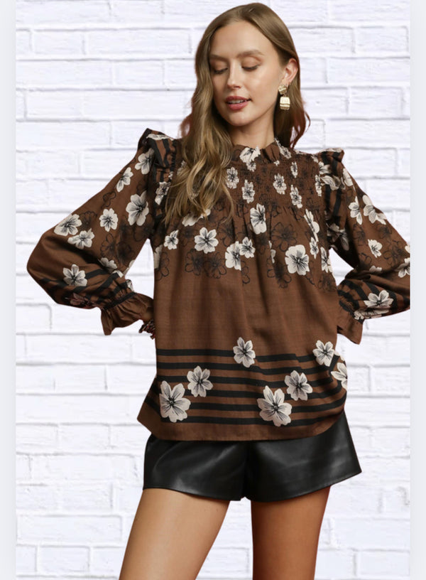 Umgee Full Size Mix Floral Smocked Ruffle Blouse Plus Size