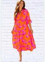 Floral Pink and Orange Frilly Smocked V-Neck Maxi Dress