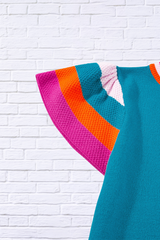Color Block Round Neck Knit Top With Frill Sleeve