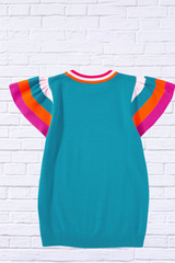 Color Block Round Neck Knit Top With Frill Sleeve