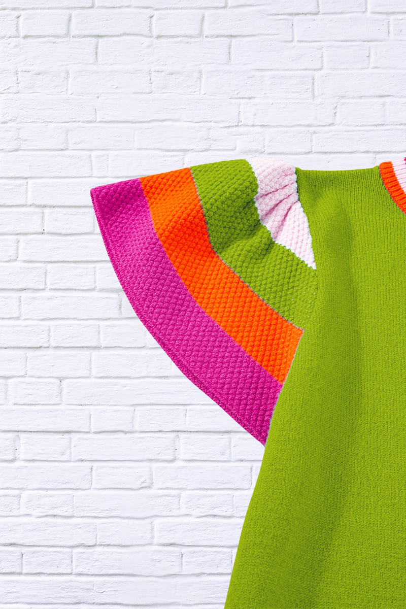Color Block Round Neck Knit Top With Frill Sleeve