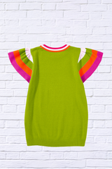 Color Block Round Neck Knit Top With Frill Sleeve