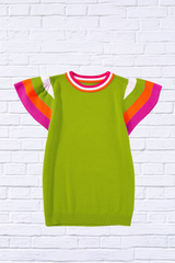 Color Block Round Neck Knit Top With Frill Sleeve