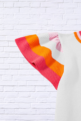 Color Block Round Neck Knit Top With Frill Sleeve