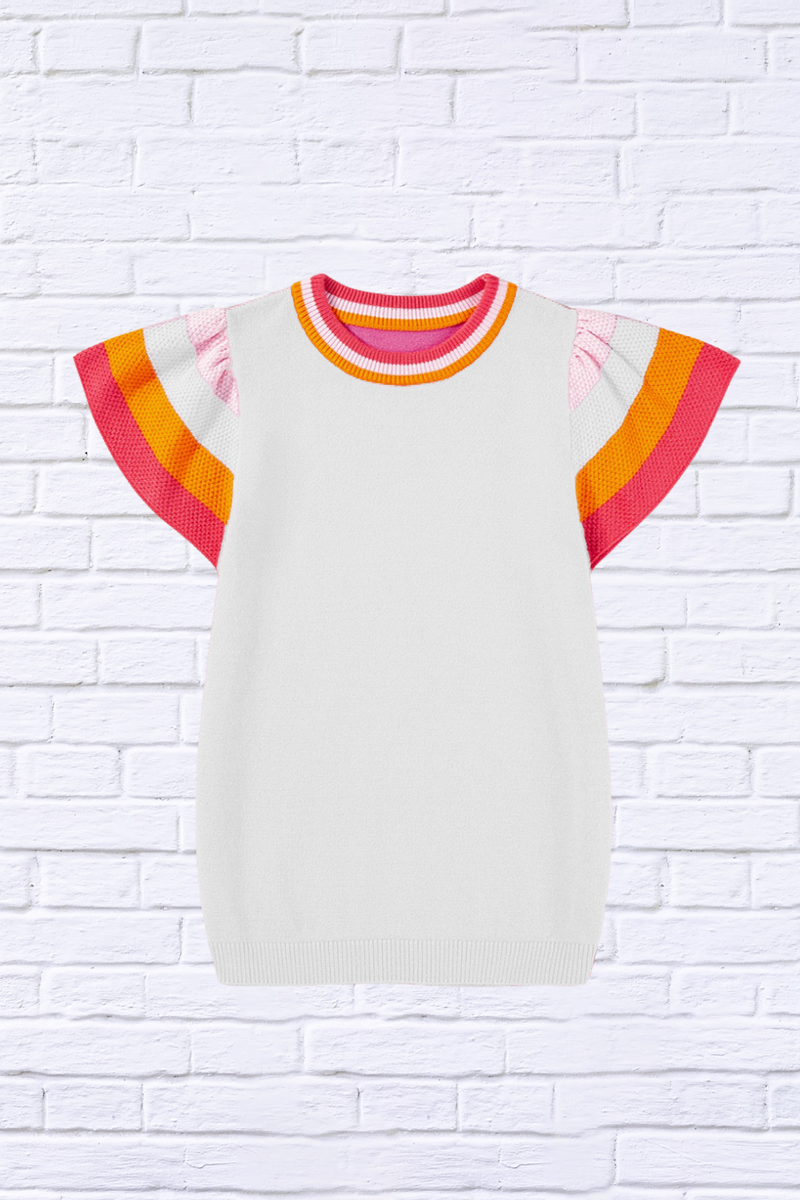 Color Block Round Neck Knit Top With Frill Sleeve