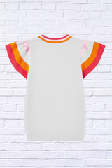 Color Block Round Neck Knit Top With Frill Sleeve
