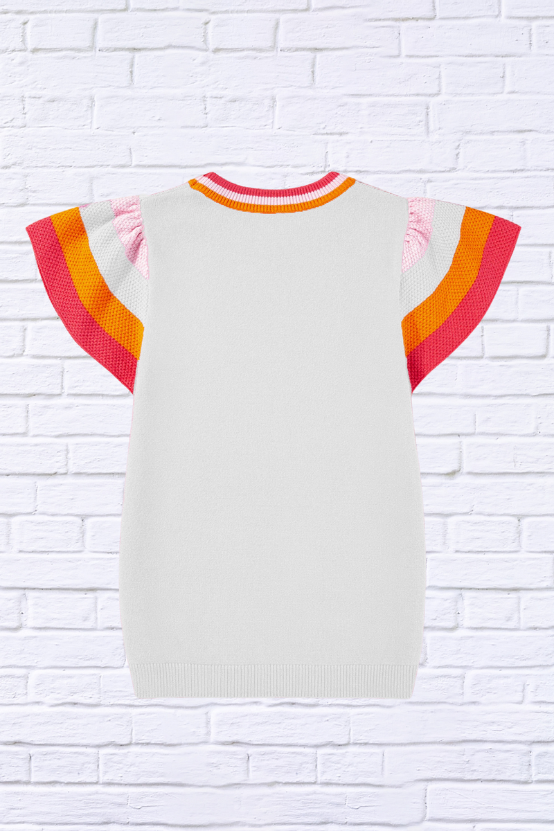 Color Block Round Neck Knit Top With Frill Sleeve
