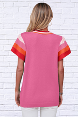 Color Block Round Neck Knit Top With Frill Sleeve