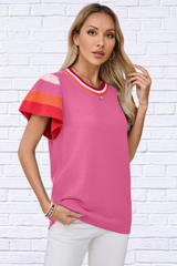 Color Block Round Neck Knit Top With Frill Sleeve