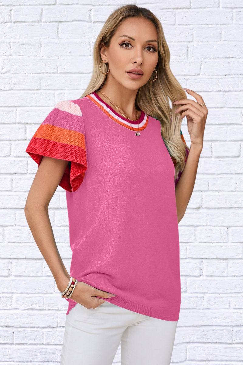 Color Block Round Neck Knit Top With Frill Sleeve