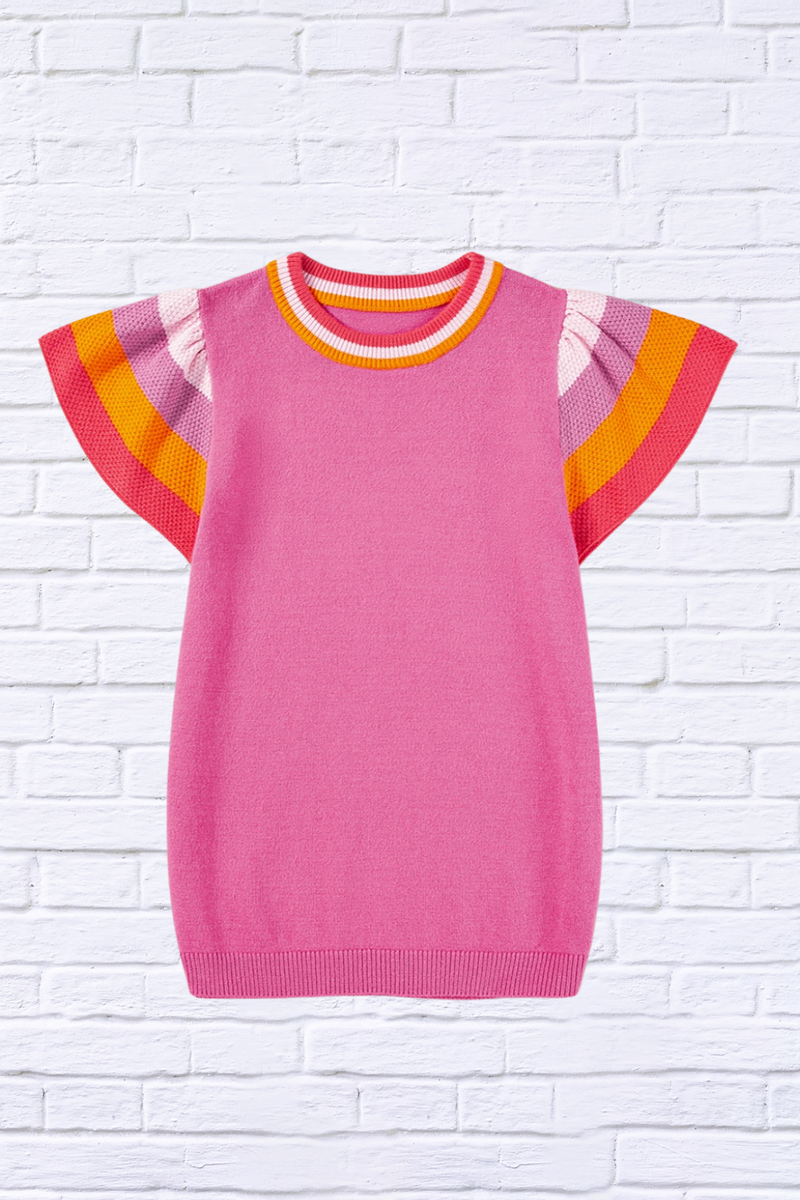 Color Block Round Neck Knit Top With Frill Sleeve