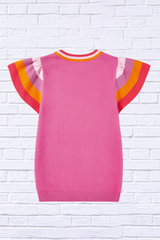 Color Block Round Neck Knit Top With Frill Sleeve