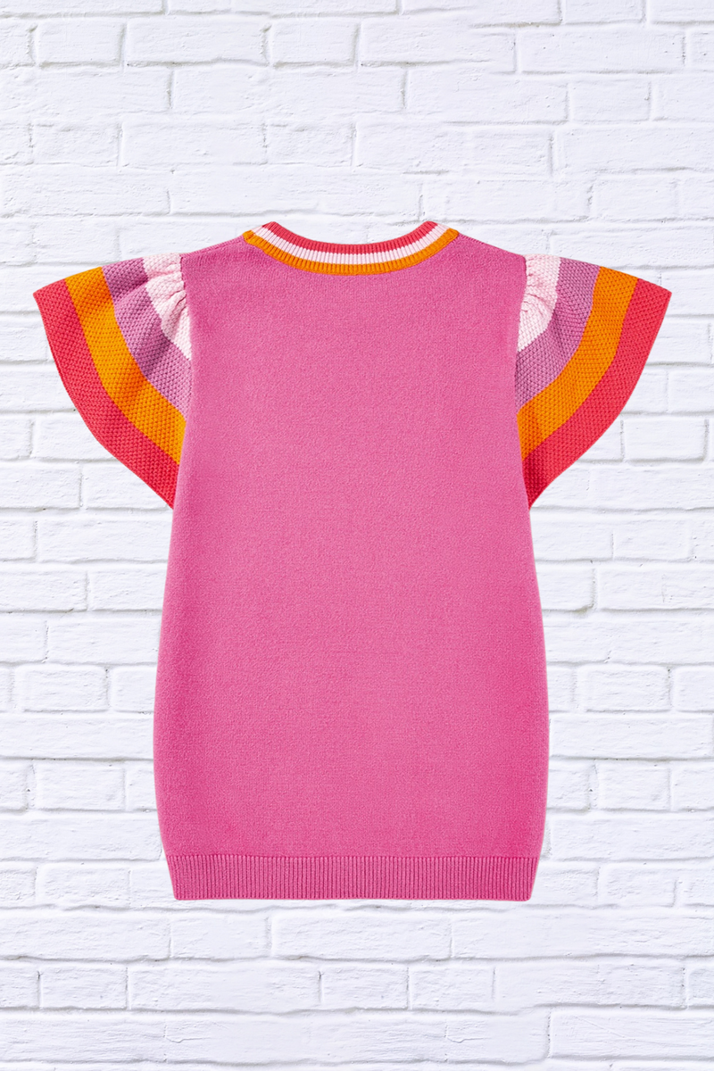 Color Block Round Neck Knit Top With Frill Sleeve