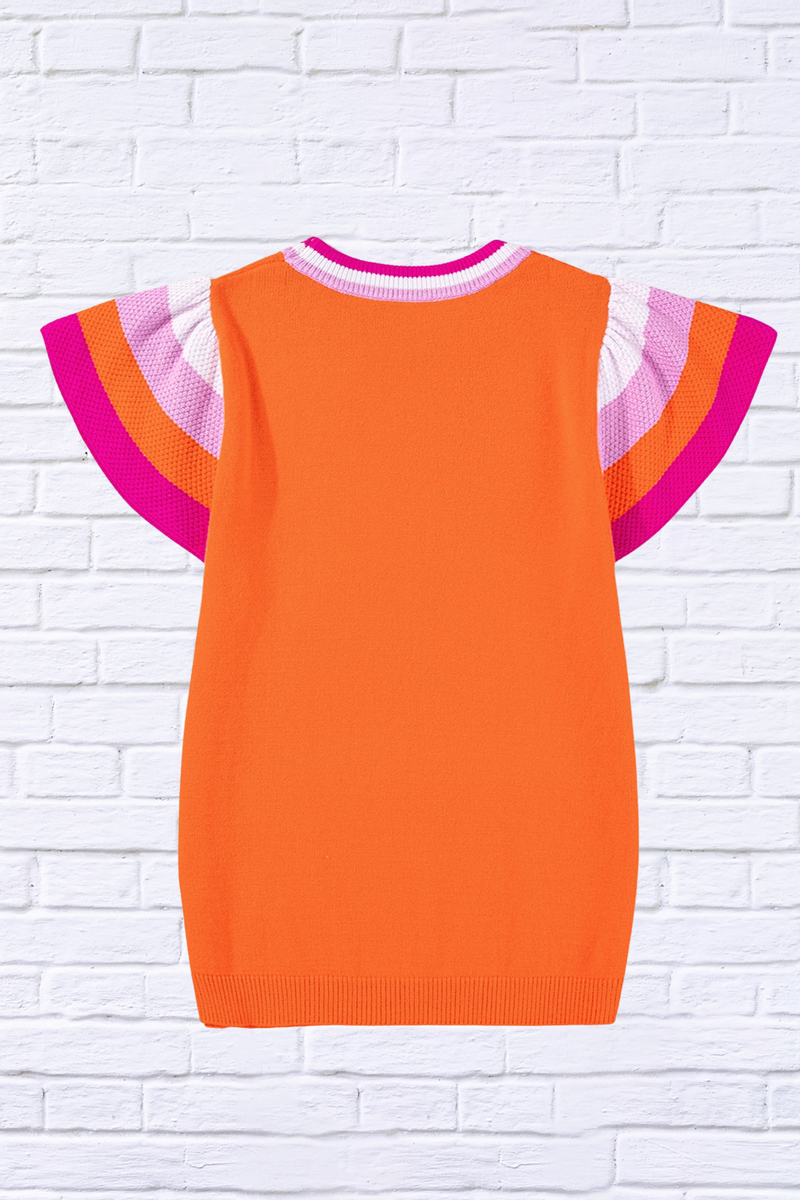 Color Block Round Neck Knit Top With Frill Sleeve