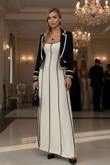 Contrast Trim Spaghetti Strap Maxi Dress (Ivory & Black)