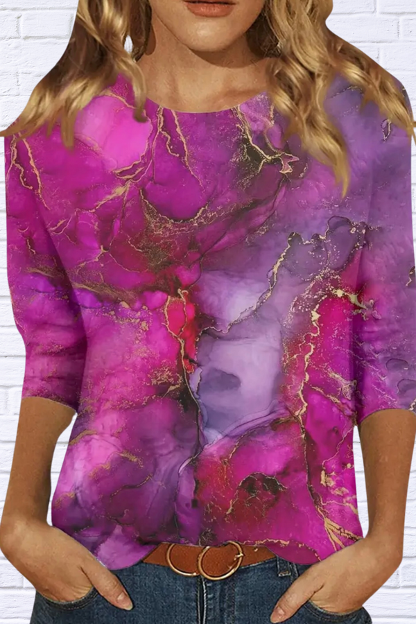 Three-Quarter Sleeve Marble Crew Neck T-Shirt