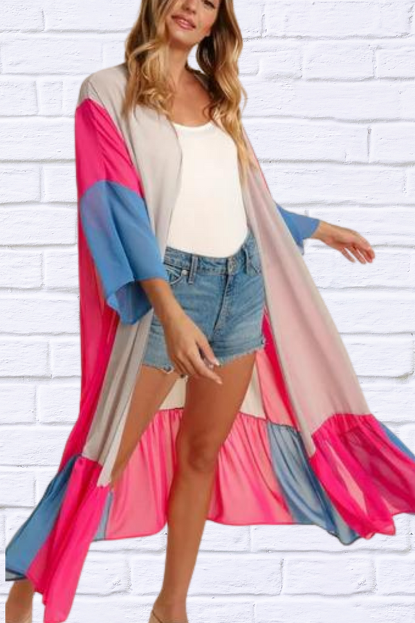 PLUS COLOR BLOCK KIMONO MAXI OPEN CARDIGAN